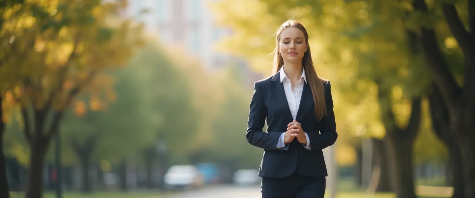 Professional in business attire practicing walking meditation in an office environment