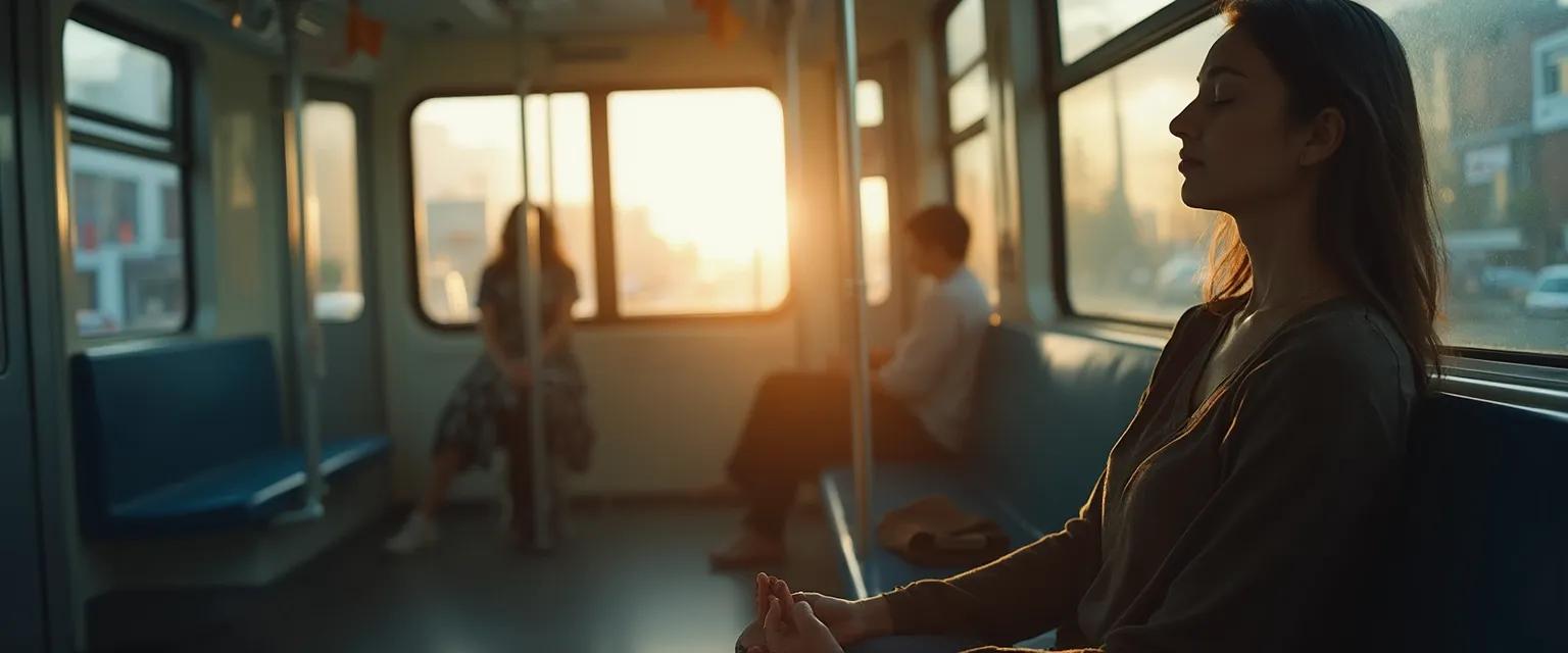 Person practicing Jon Kabat-Zinn meditation techniques during daily commute on public transportation