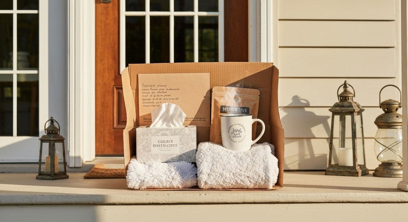Thoughtfully arranged sympathy gift for friend showing grief care package with comfort items and practical essentials