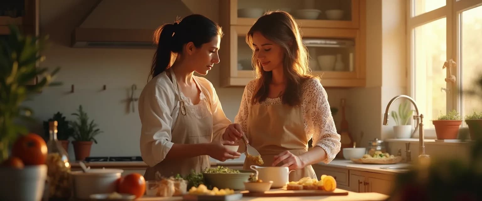 Friends cooking comfort food together while supporting friend going through breakup