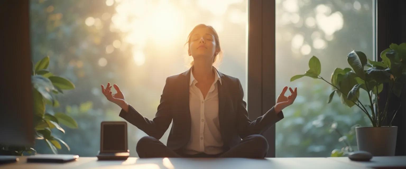 Professional practicing 5-minute desk meditation for peace of mind between business calls