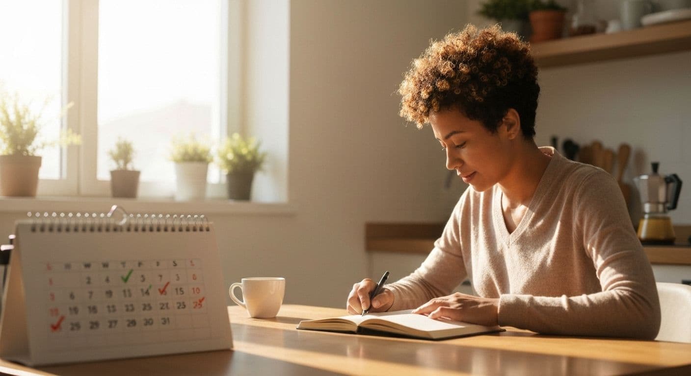 Working parent practicing 15 days self awareness during morning routine with coffee
