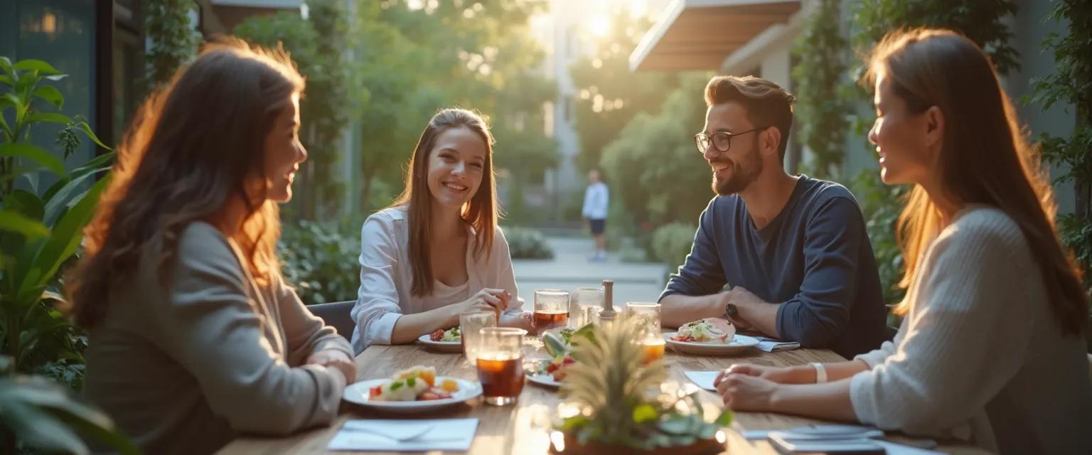 Professionals practicing emotional intelligence exercises during lunch break in the workplace