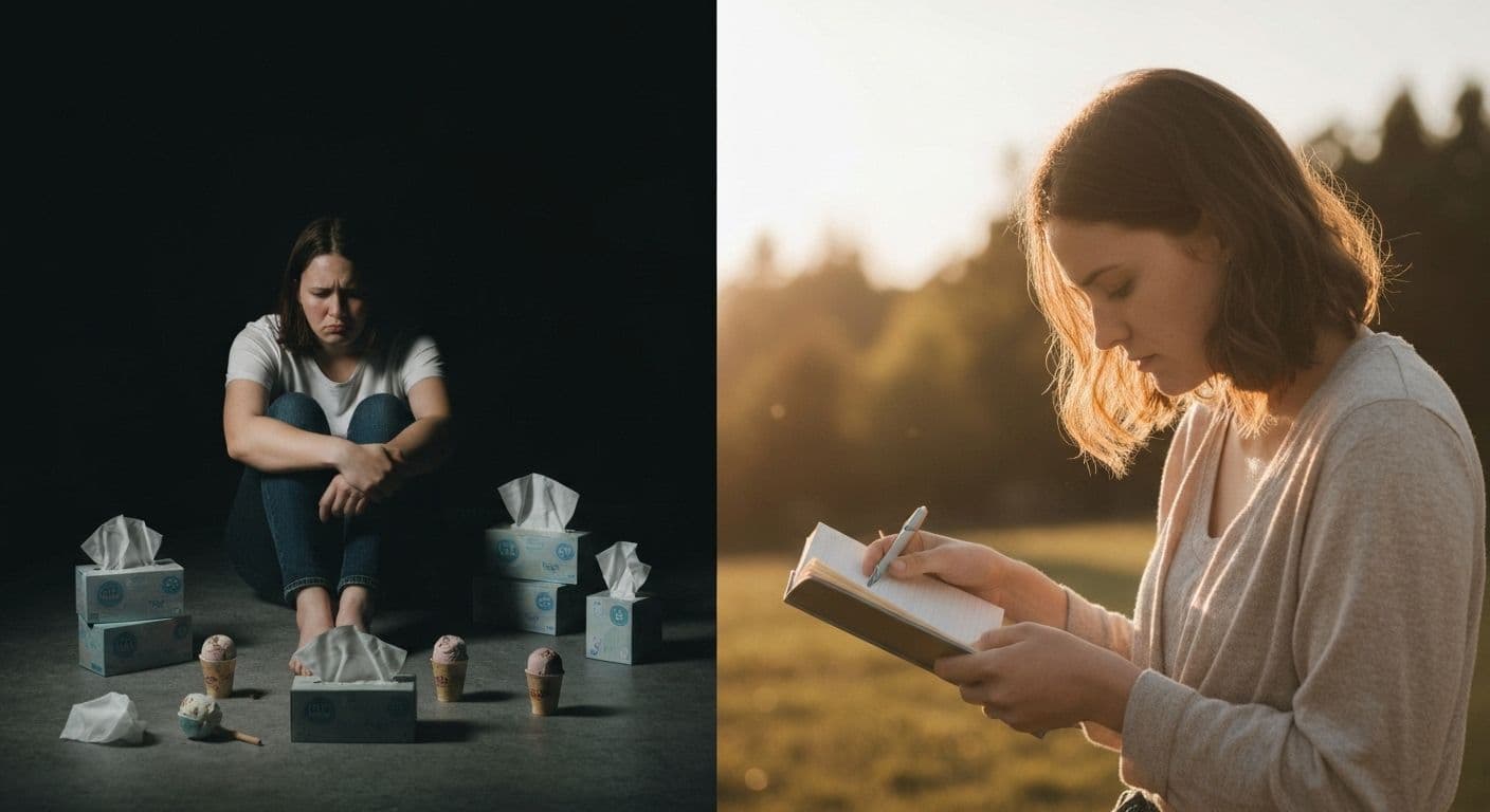 Person reflecting on heartbreak advice with supportive guidance and emotional healing strategies