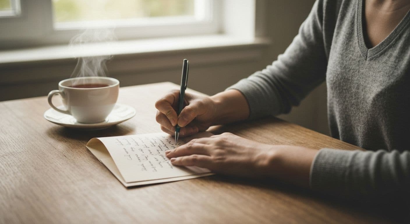 Person writing heartfelt thank you sympathy card messages to strengthen support network after loss