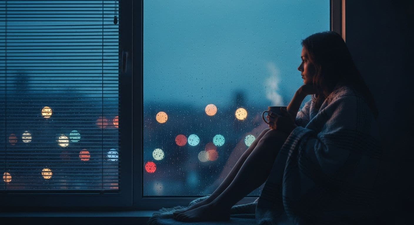 Person reflecting peacefully while sad after breakup, showing healthy emotional processing and self-awareness