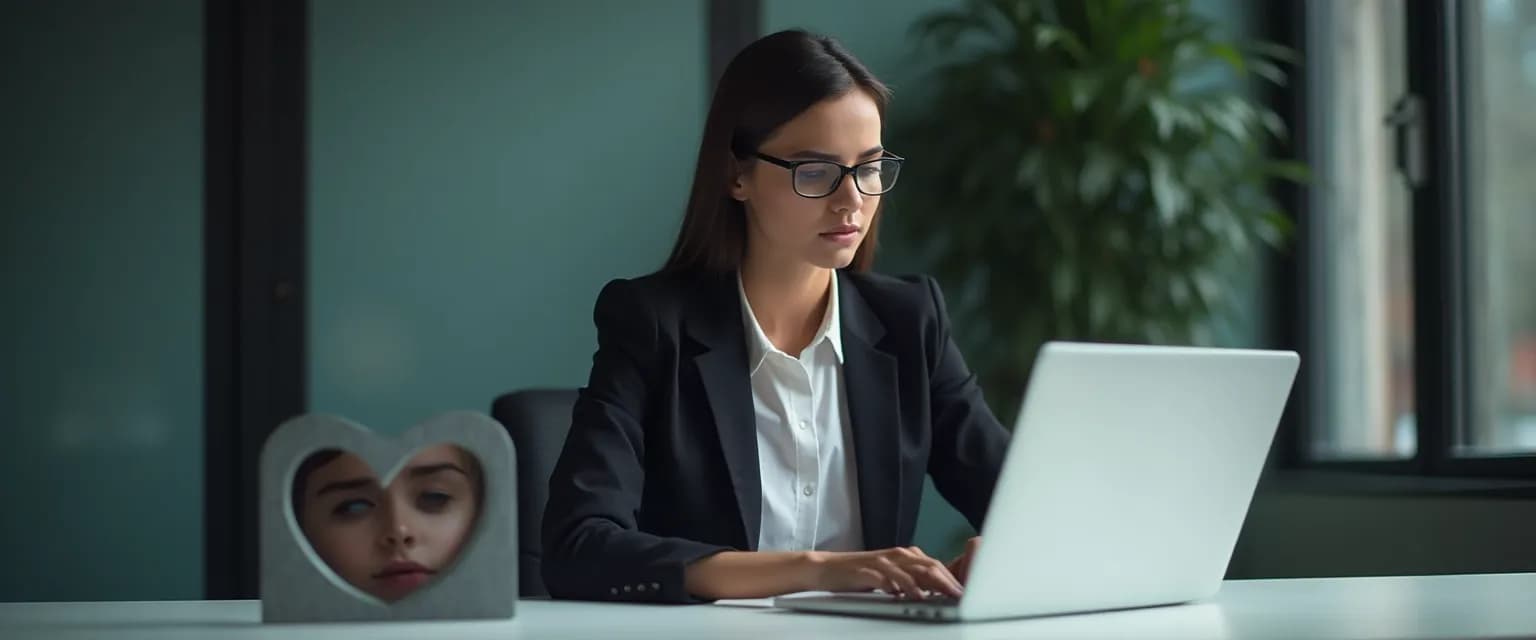 Professional woman managing heartbreak and heartache while focusing on work tasks