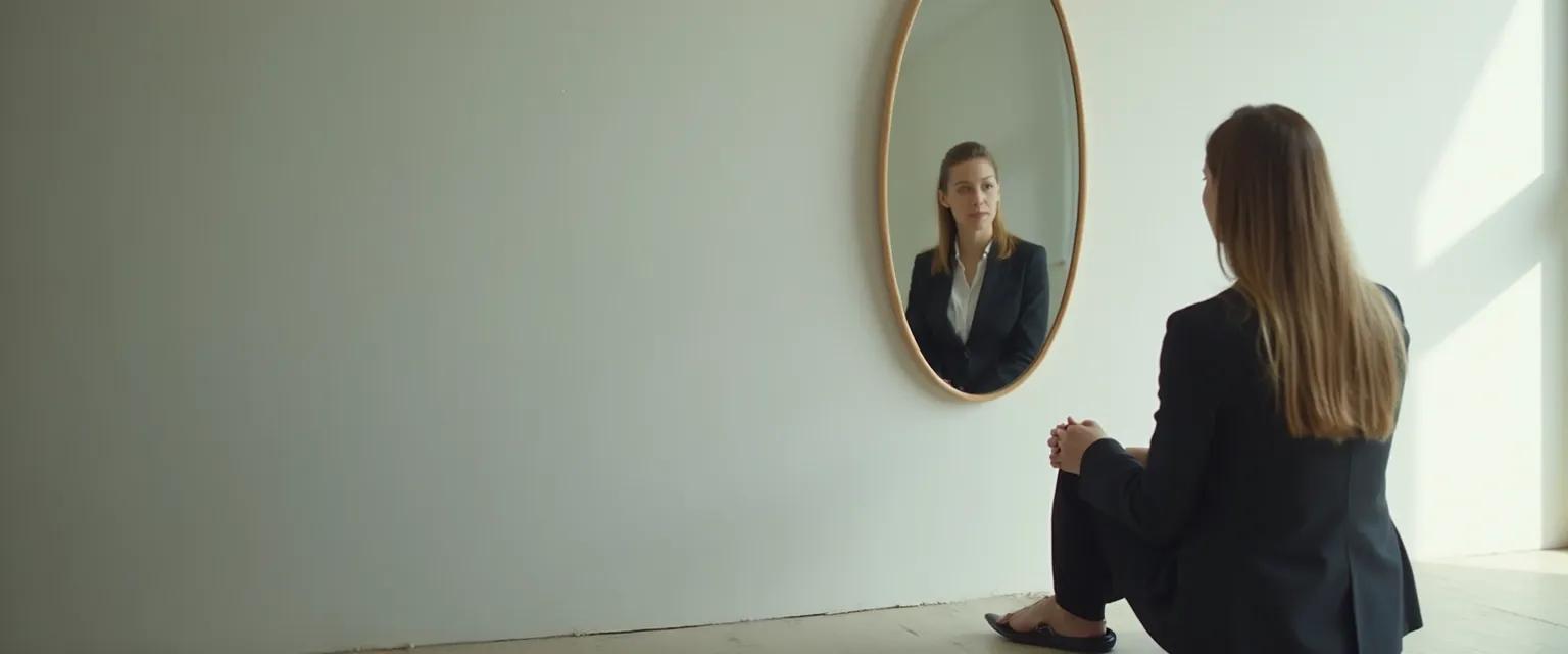 Professional practicing mirror meditation for spirituality and self-awareness in office setting