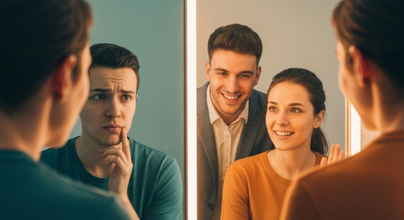 Person looking in mirror with different reflection illustrating poor self awareness and perception gap
