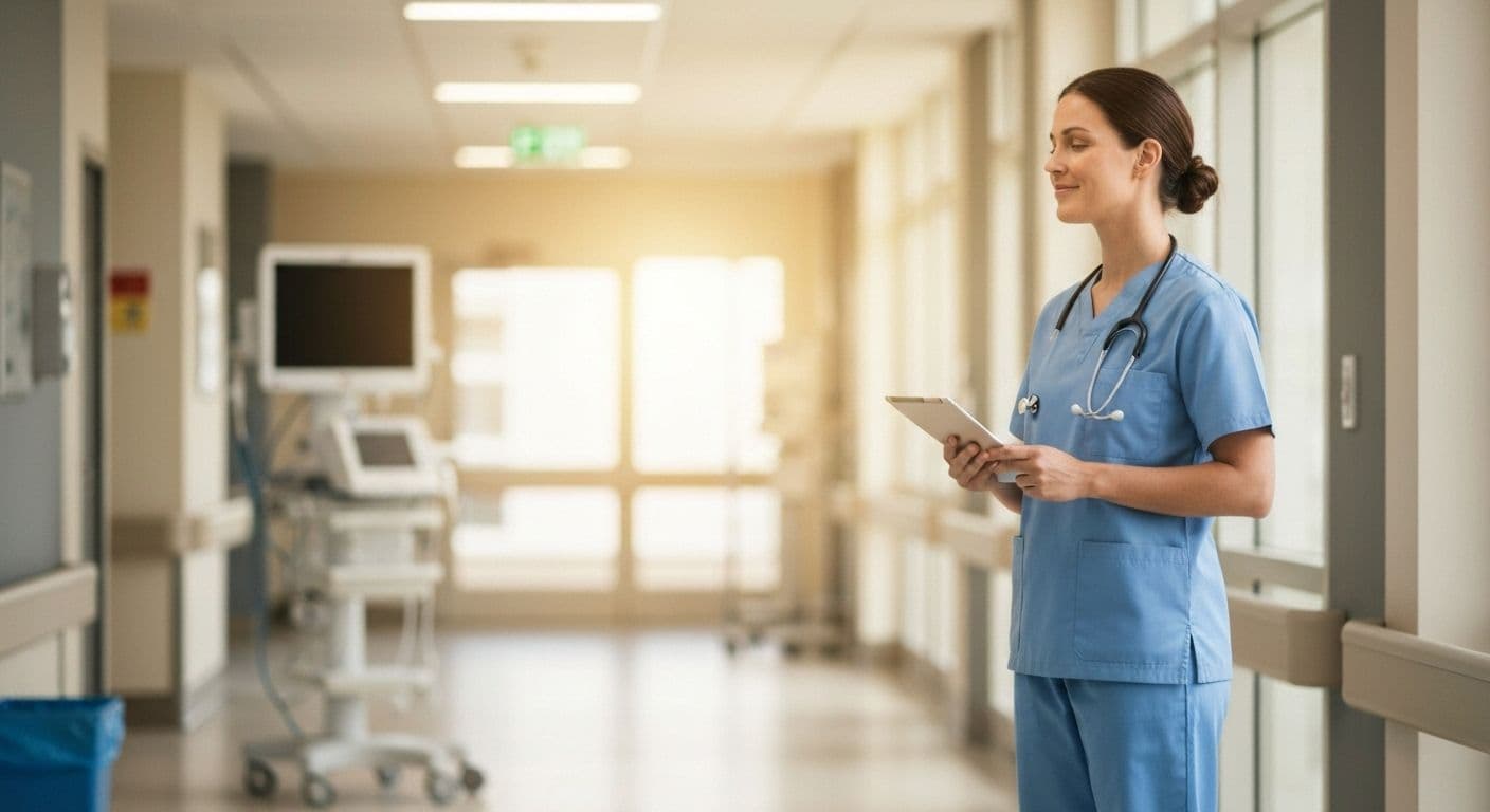 Healthcare professional practicing self awareness in health and social care through mindful reflection between patient appointments