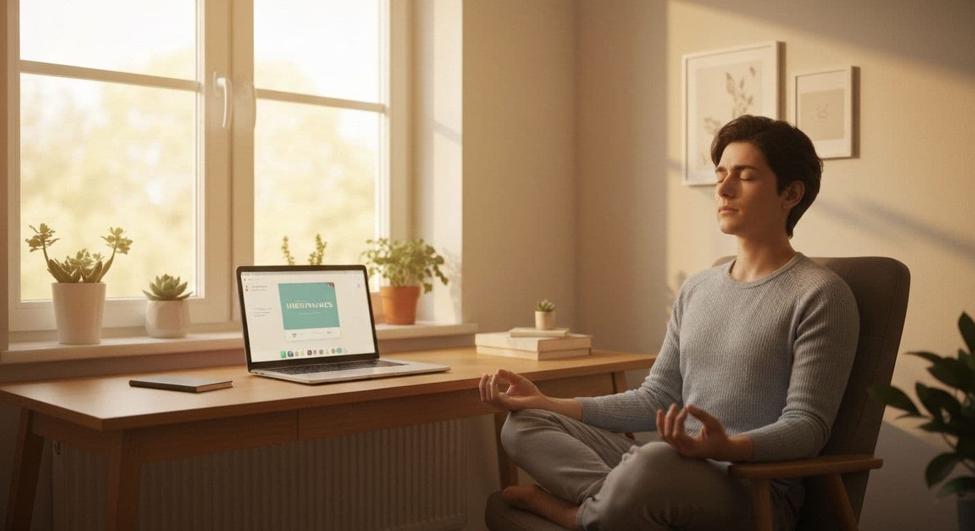 Remote worker practicing guided mindfulness meditation at home office desk to combat burnout
