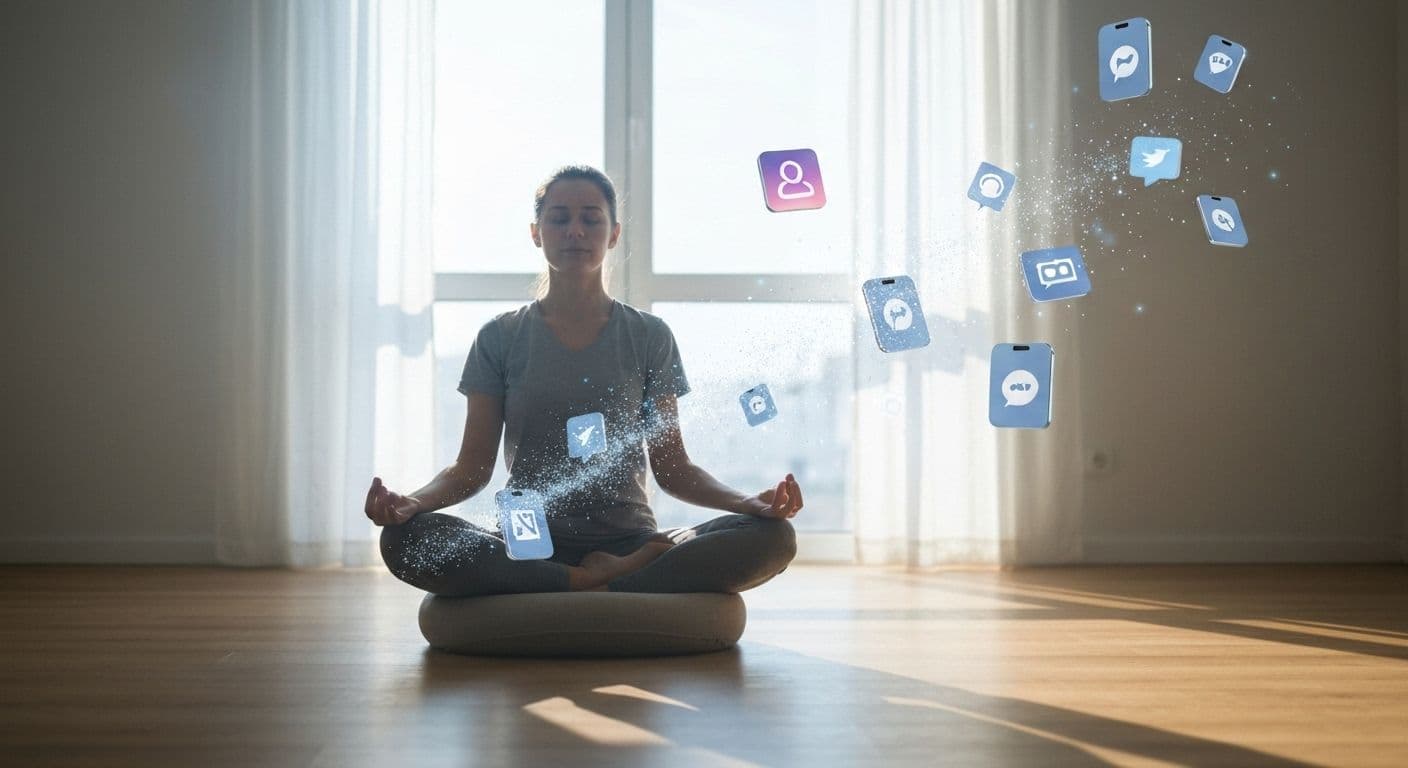 Person practicing consciousness and awareness techniques while managing daily distractions