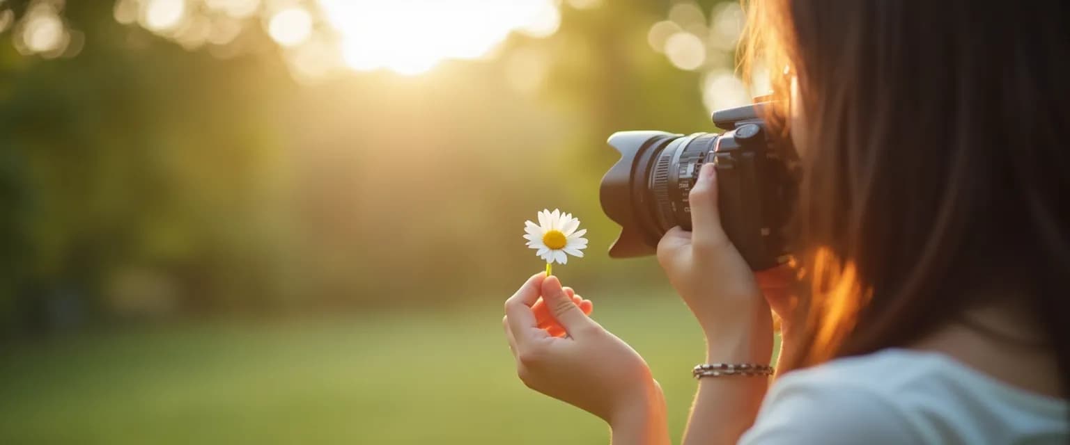 Person practicing mindful photography while focusing on natural details with intention