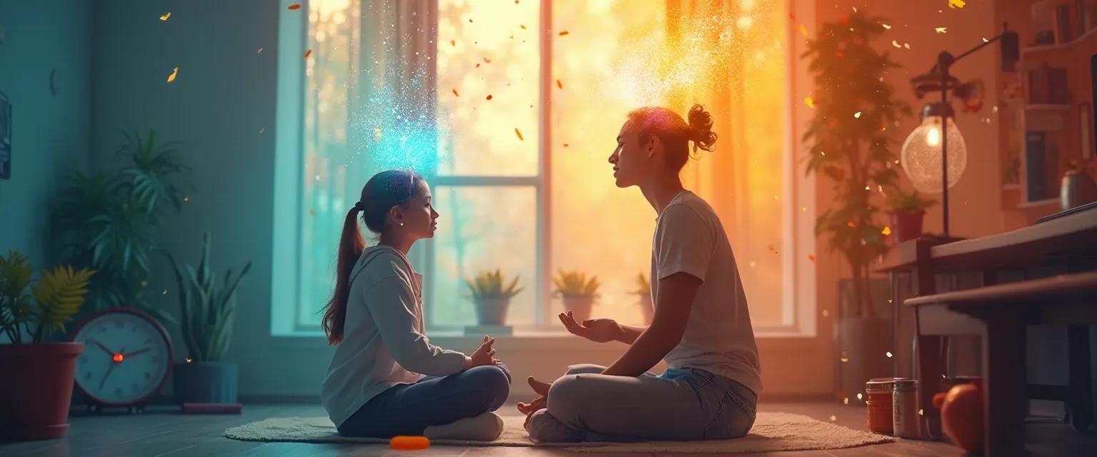 Parent introducing Mind Yeti mindfulness app to skeptical teenager