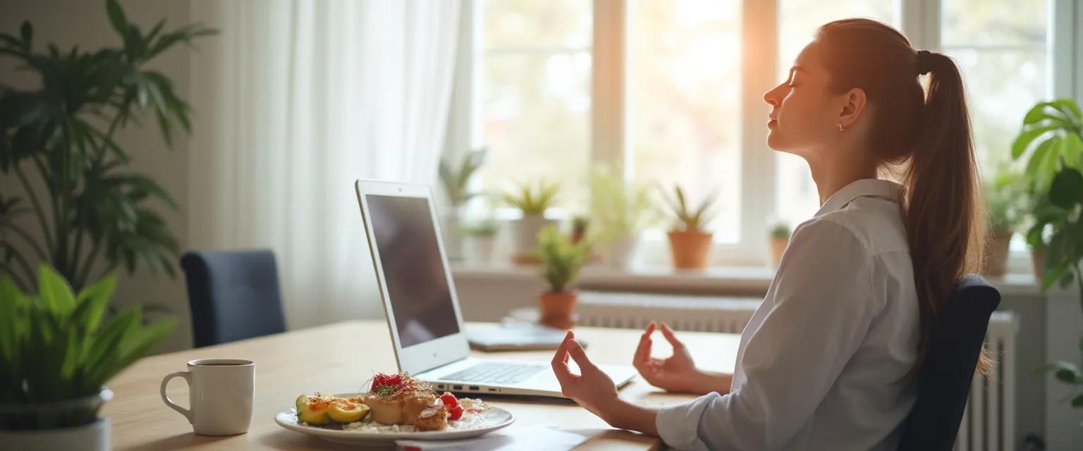 Professional practicing 5-minute mindfulness exercise at desk during lunch break