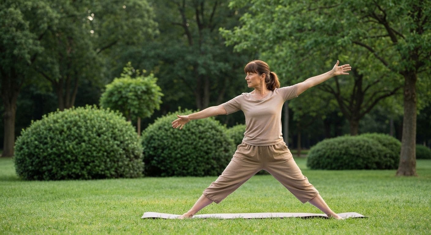 Person practicing mindful movements with focused body awareness during gentle stretching exercise