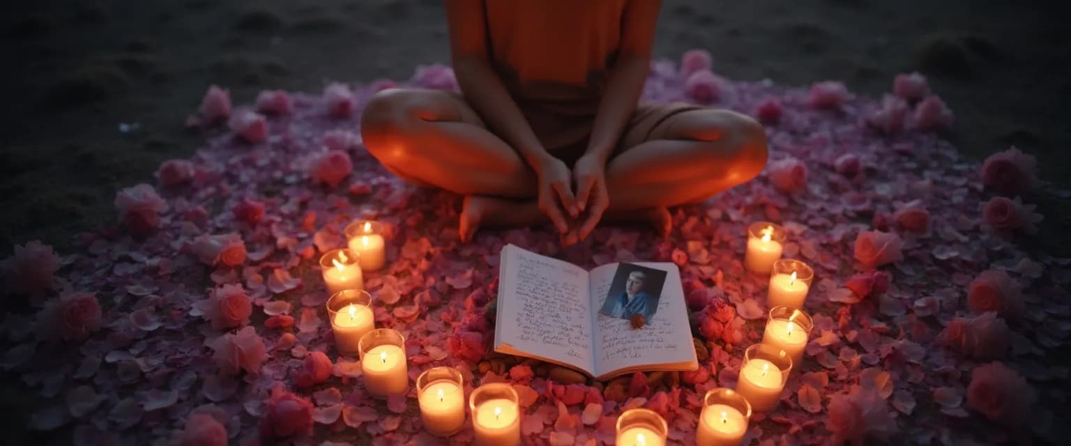 Person performing a heartache after breakup healing ritual with candles and meaningful objects