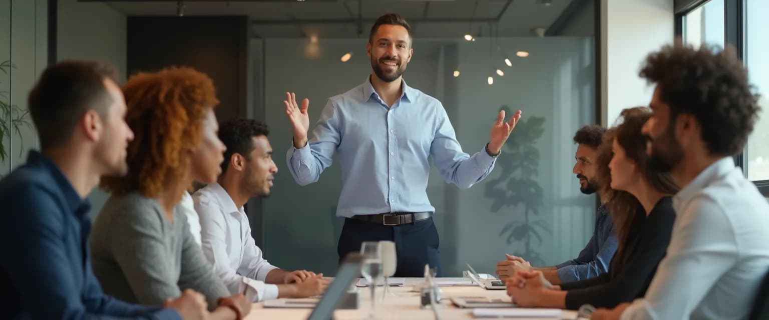 Manager delivering a short presentation on emotional intelligence to an engaged team