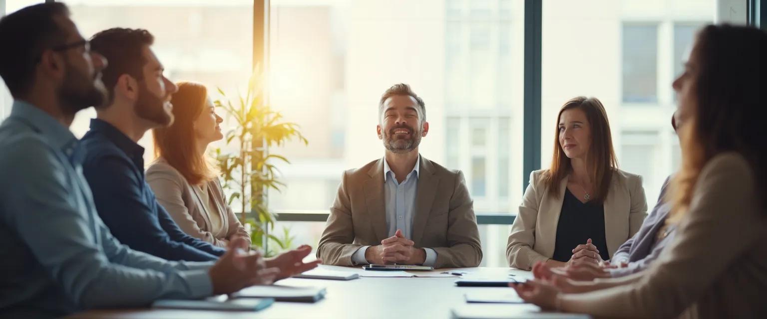 Team participating in mindfulness exercises for groups during a meeting