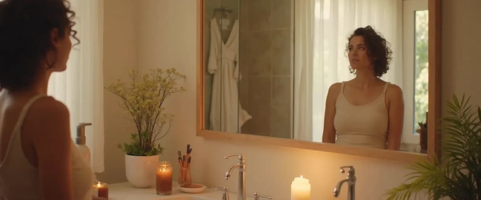 Person practicing self awareness and self care through mindful reflection in front of mirror