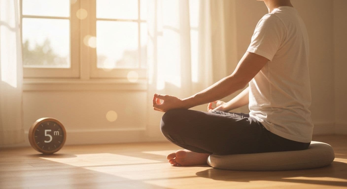 Person practicing 5-minute meditation for peace of mind in a calm, simple environment