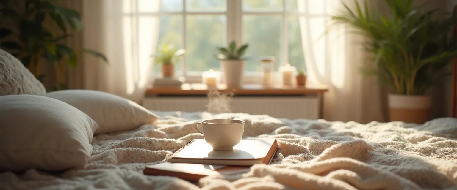 Person enjoying a peaceful self awareness weekend retreat in their living room