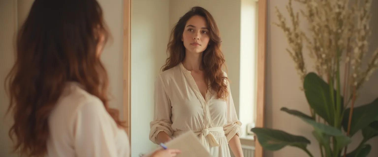 Person practicing mirror questioning for self-awareness and confidence building
