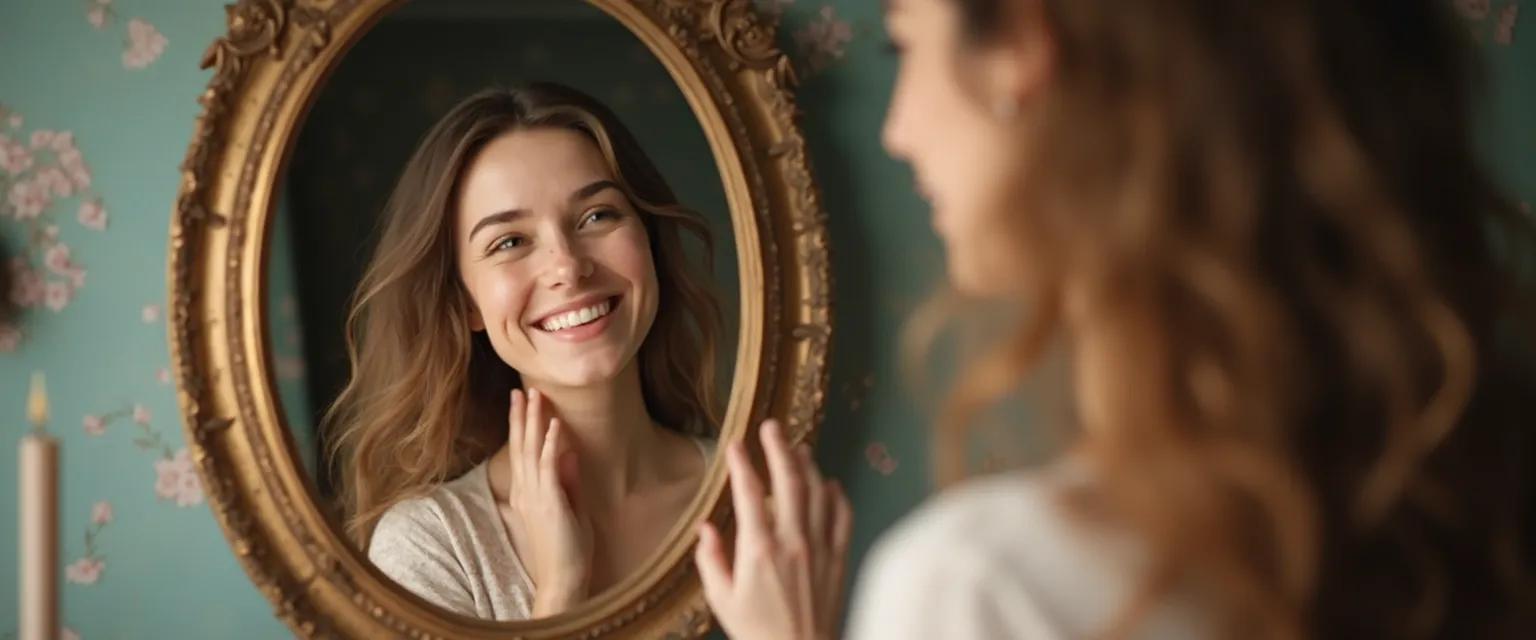 Person practicing the mirror exercise for self awareness, self acceptance and self realization