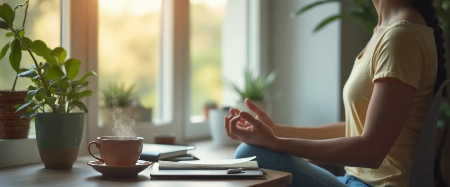 Person taking a mindful pause moment for self-awareness in daily life during a busy workday