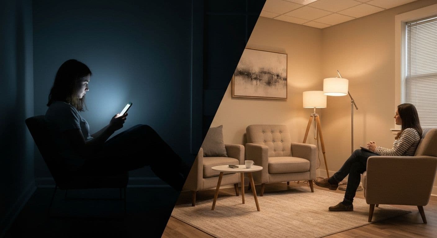 Person looking at phone showing heartbreak depression Reddit community while feeling alone and seeking better support