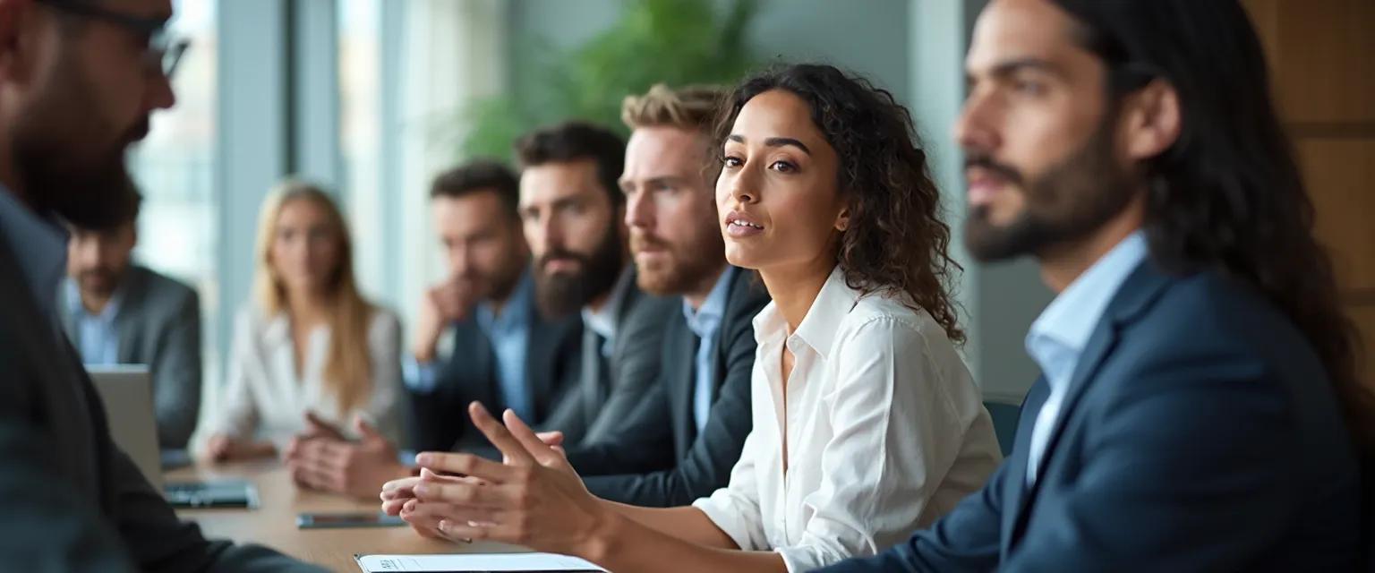 Professionals demonstrating emotional intelligence communication skills through non-verbal cues in a workplace meeting