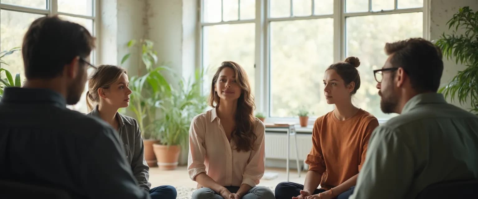 Professional team practicing mindfulness techniques for well-being and work during a meeting