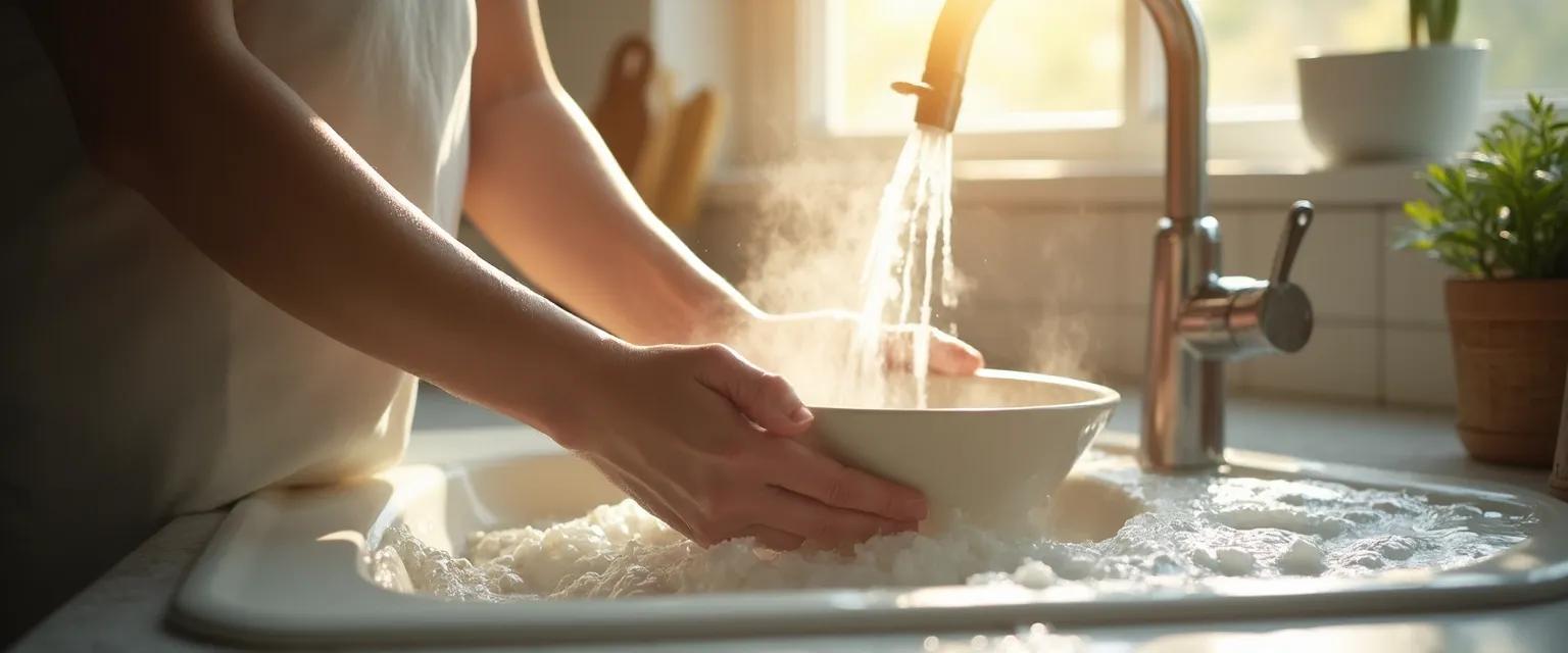 Person practicing mindful dishwashing using Thich Nhat Hanh's mindfulness techniques