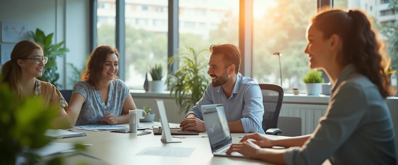 Business professionals discussing staff wellbeing program ROI metrics in a modern office