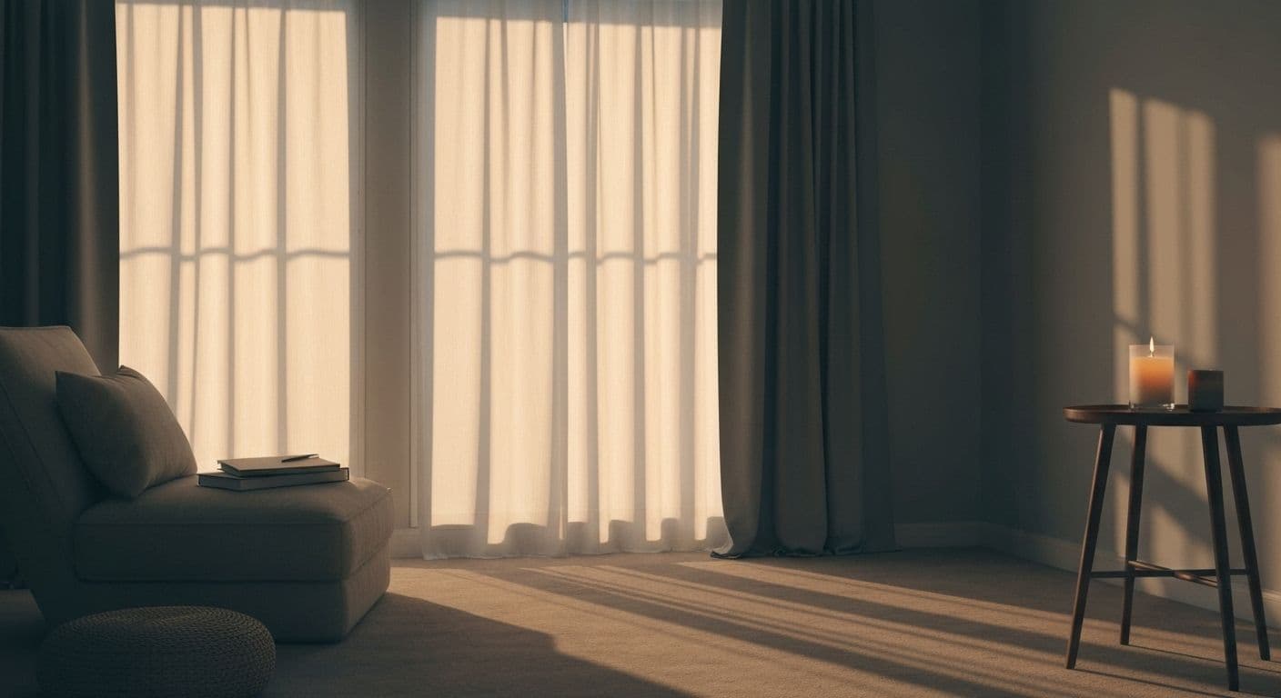 Person practicing guided meditation for depression in a comfortable morning setting with soft lighting