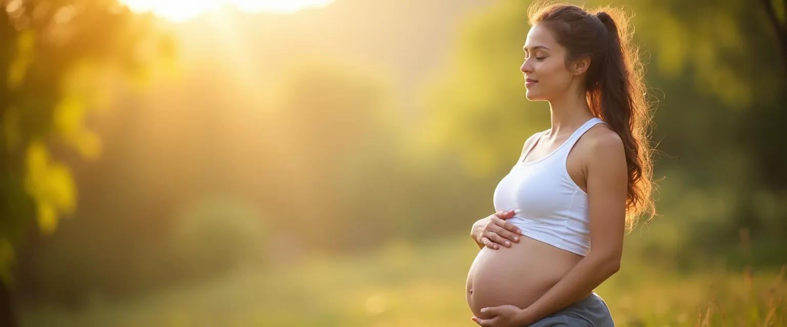 Woman practicing mindful pregnancy movement with hands on her belly