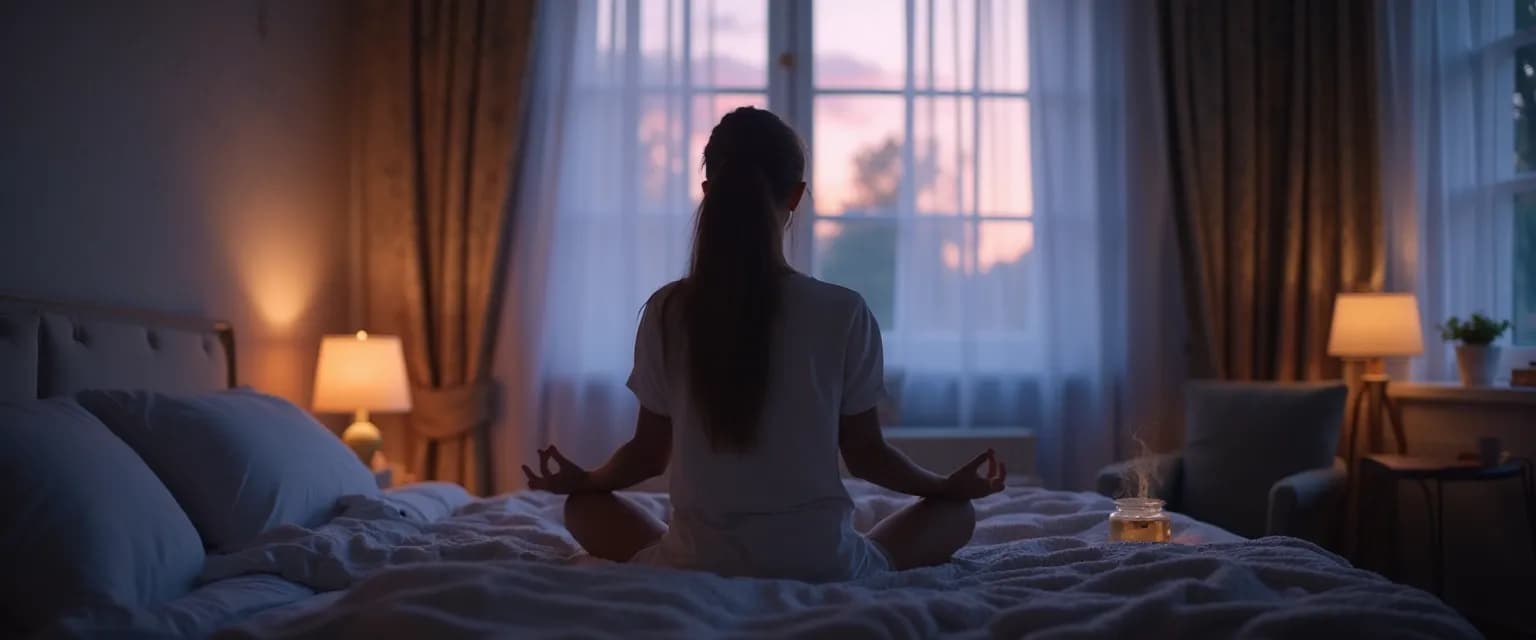 Person practicing 10-minute guided meditation for sleep in bed with peaceful expression