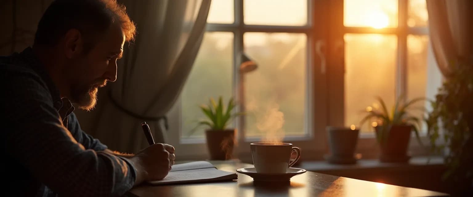 Man writing in journal using prompts for grief processing