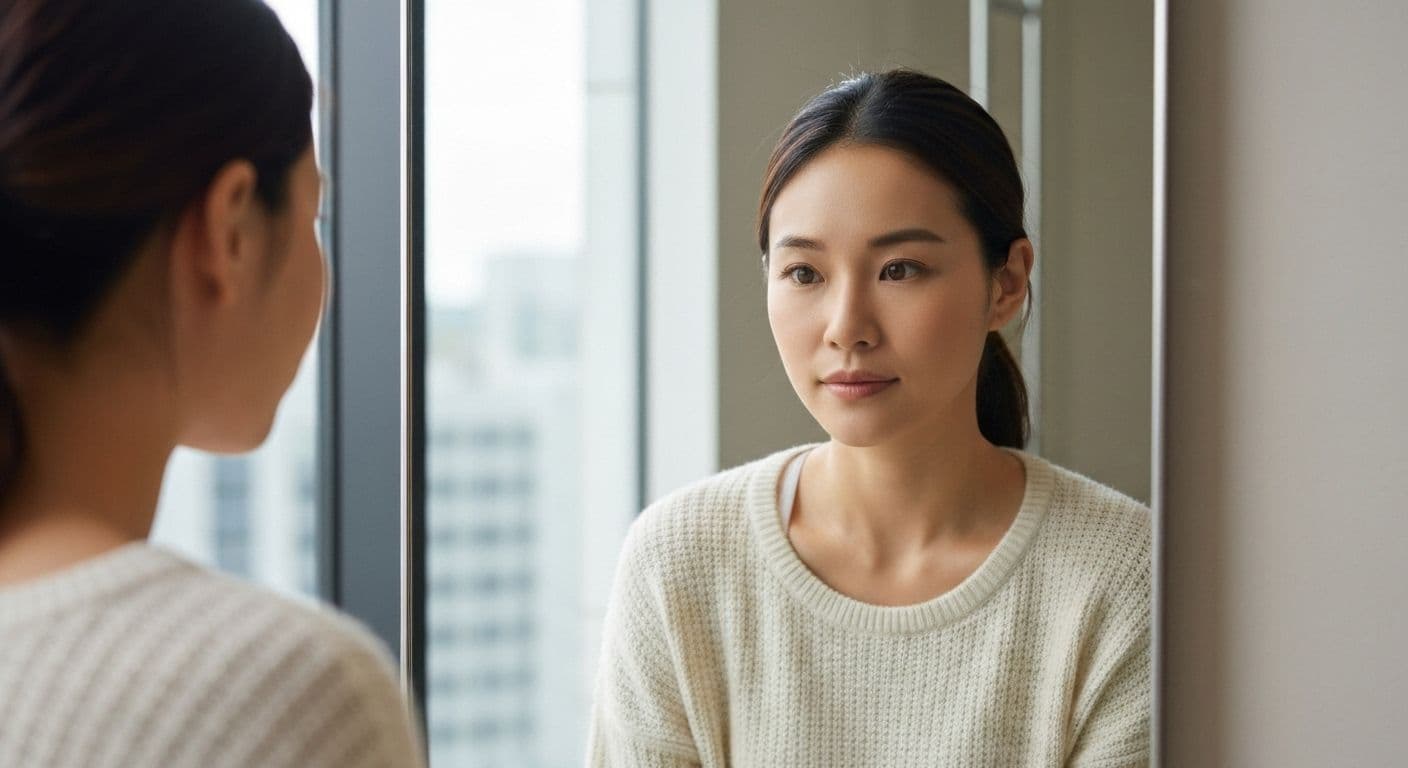 Person experiencing self awareness self consciousness moment with thought bubbles revealing insights about personal values and emotional triggers