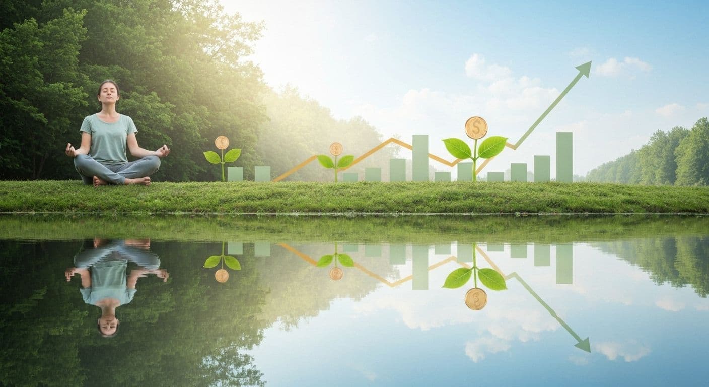 Person meditating peacefully while reviewing financial growth charts, illustrating how to grow rich with peace of mind