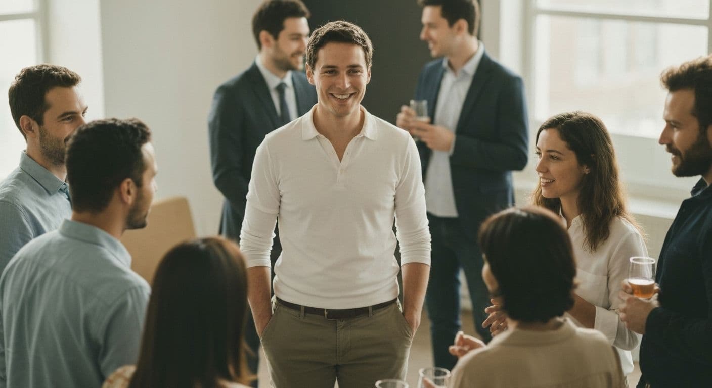 Person engaging in natural conversation demonstrating balanced awareness of self and others in social situation