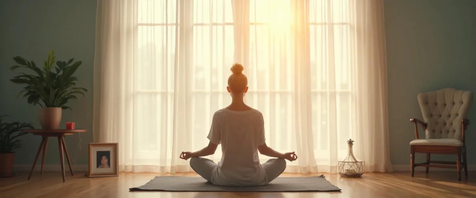 Person practicing gentle meditation and grief ritual with candle and memorial item