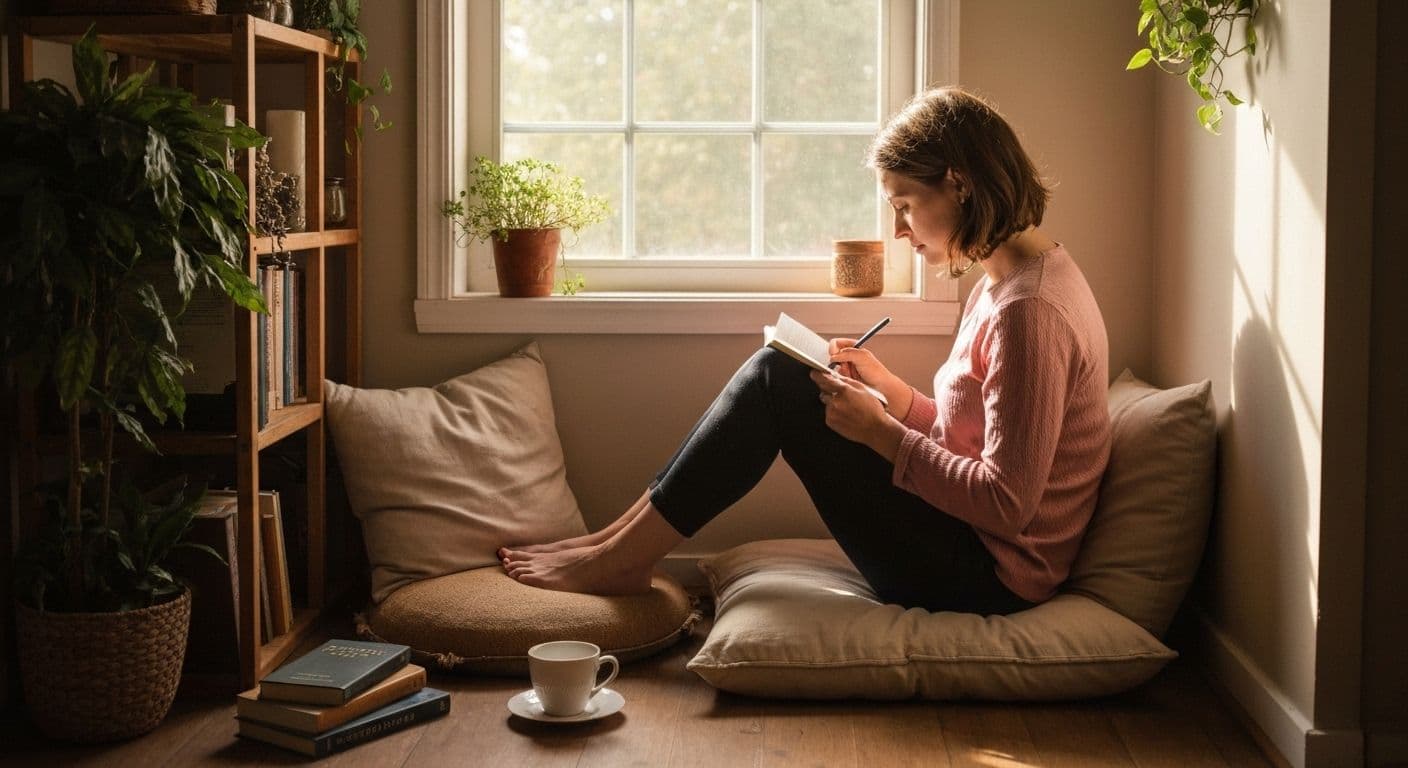Person practicing self awareness during a quiet moment with coffee, checking in with their emotions