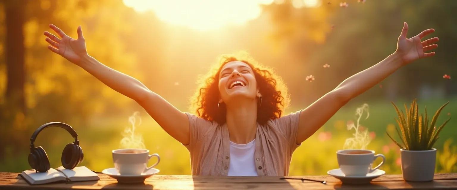 Person experiencing joy after using 5-minute activities to make me happy