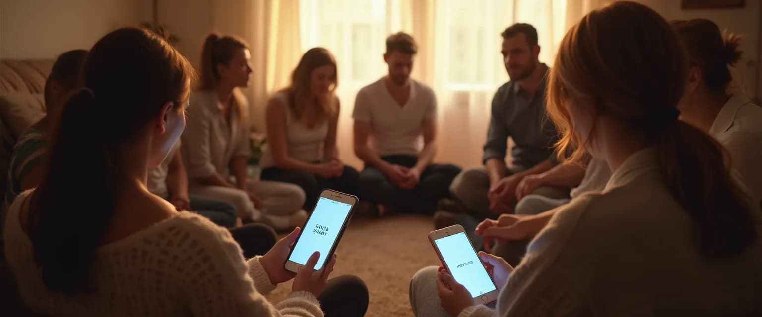 Group of people using grief apps during a traditional bereavement support meeting