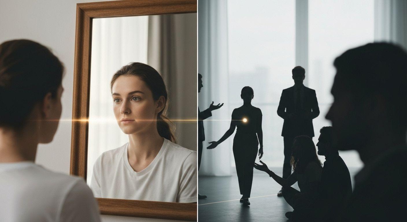 Person reflecting while receiving feedback, illustrating internal and external self awareness balance