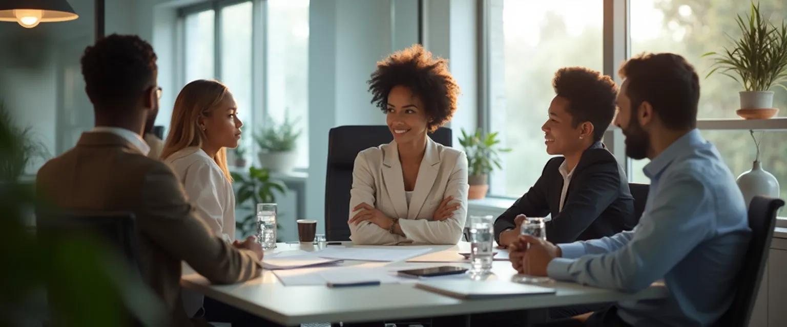Business professionals using emotional intelligence and communication skills to read body language in a meeting