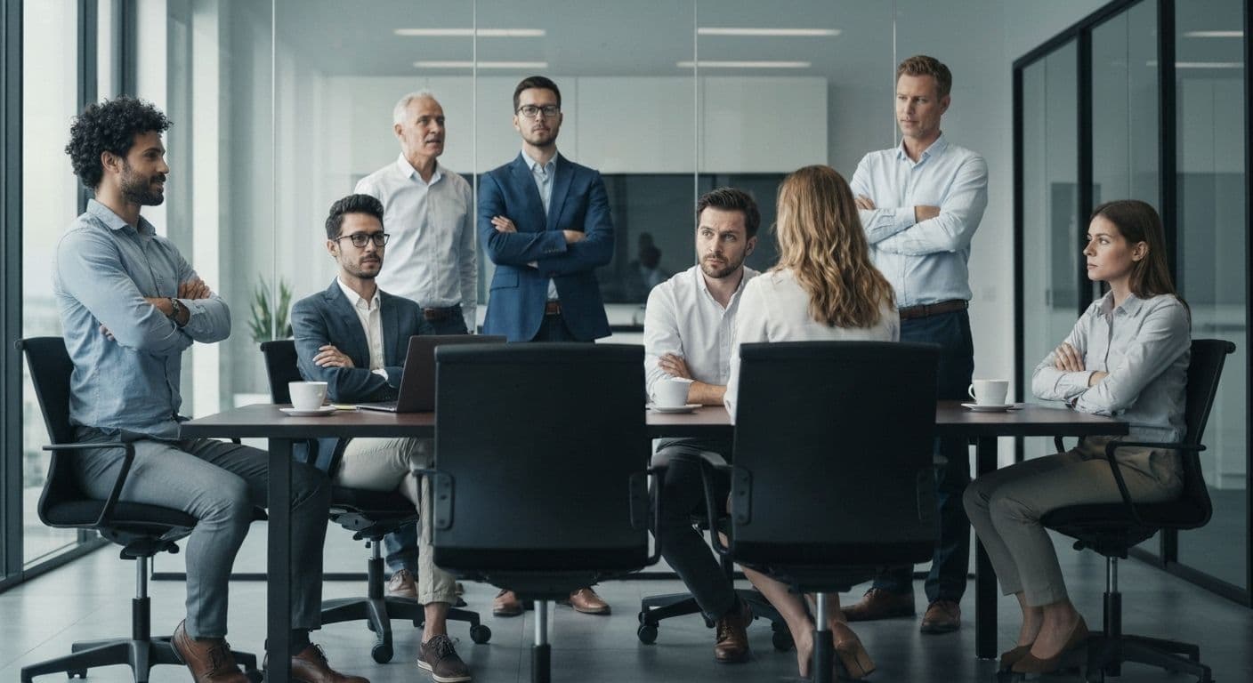 Professional demonstrating emotional intelligence and social awareness by reading colleague's body language during workplace meeting