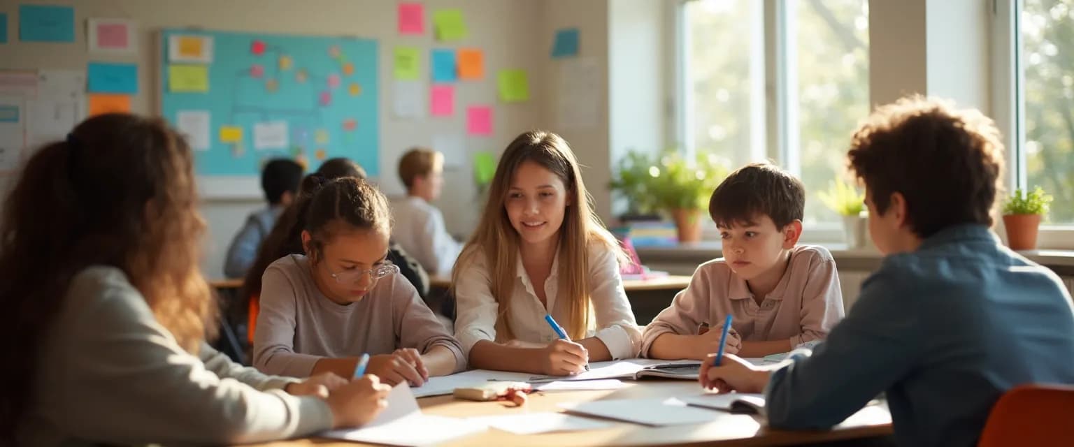 Teacher facilitating a self-awareness program for students in a classroom setting
