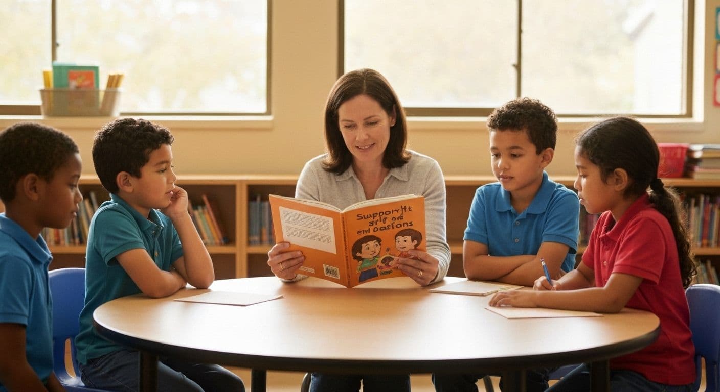 Teacher reading grief share books with diverse group of students in supportive classroom environment